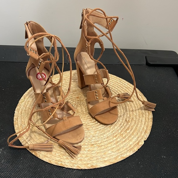 Aldo Cognac Brown Leather Suede Gladiator Heel Sandals Size 6.5 - Picture 6 of 16